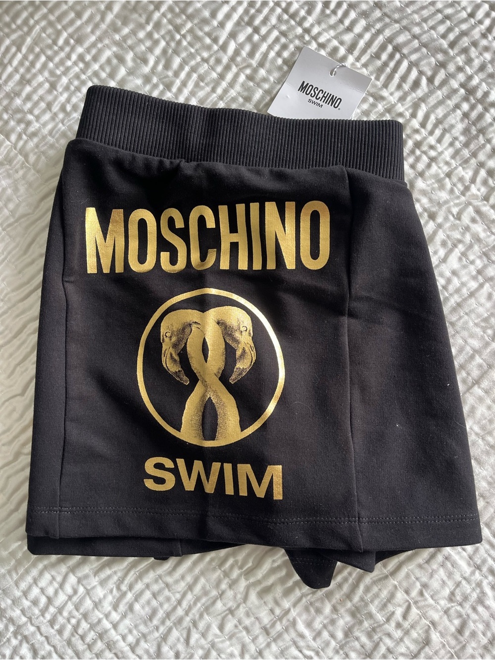 Moschino Black shorts with Gold Logo and flamingo design